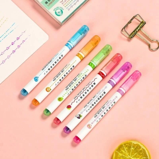 Linear Roller Color Pens Highlighters with 6 Different Curve Shapes (Set of 6)