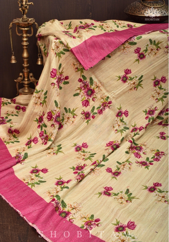 Geecha Raw Tussar Silk Saree with Floral Digital Print in Beige | SILK MARK CERTIFIED