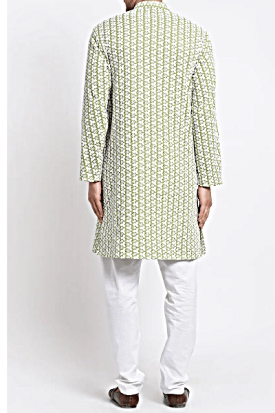 Men's Green Cotton Chikan Kurta