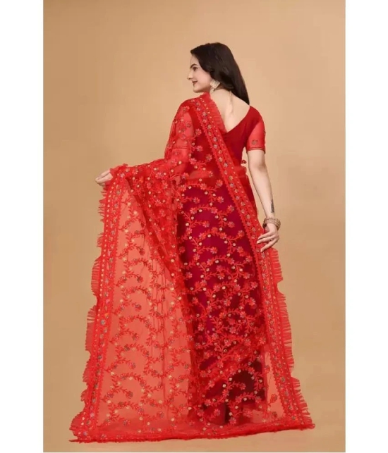 Apnisha Net Embroidered Saree With Blouse Piece - Red ( Pack of 1 ) - Red