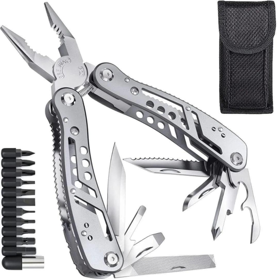 24 in 1 Multi-function Plier Tools Made of Stainless Steel with 11 Screwdriver bits with Safety Hook, Bottle Opener, Multifunction Pliers for Outdoor Camping