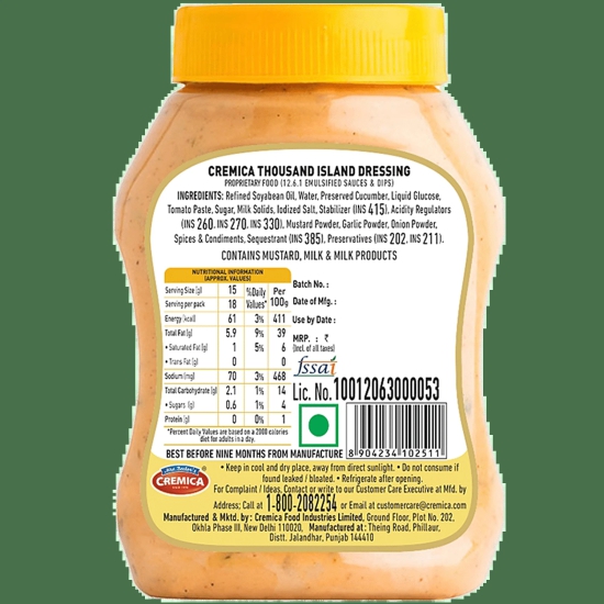 Cremica Salad Dressing - Thousand Island, 275 G Bottle