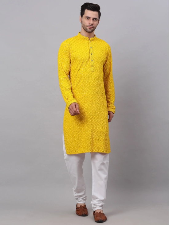 Men Yellow Chikankari Embroidered and Sequence Kurta with Churidar-M / Yellow