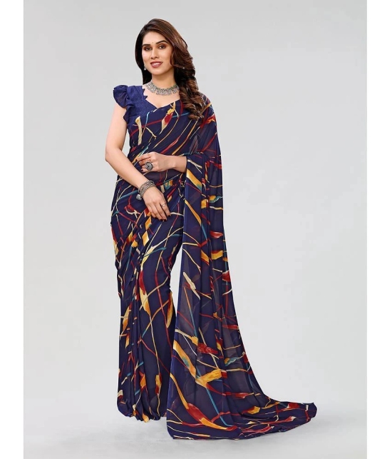 Kashvi Sarees Georgette Printed Saree With Blouse Piece - Navy Blue ( Pack of 1 ) - Navy Blue