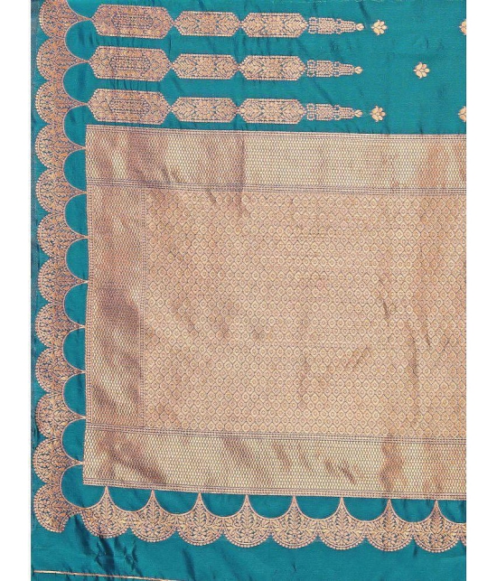 Om Shantam Sarees - Teal Banarasi Silk Saree With Blouse Piece ( Pack of 1 ) - Teal