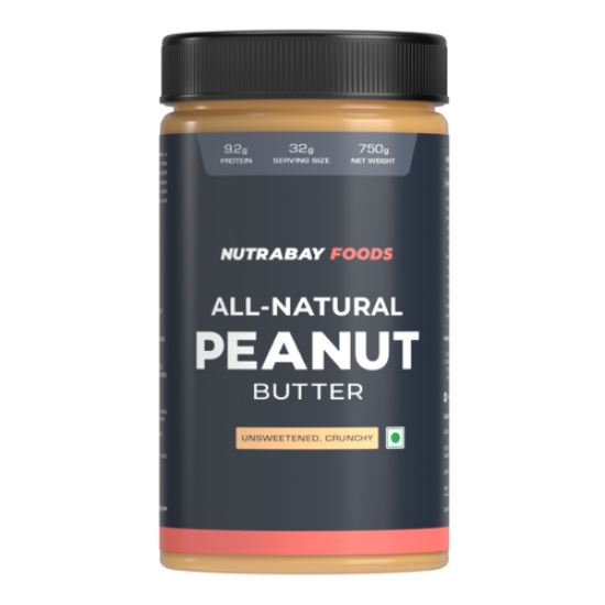 Nutrabay Foods All-Natural Peanut Butter (Crunchy) - Unsweetened, 750g | 100% Roasted Peanuts, 28g Protein, Zero Cholesterol, Vegan, Gluten Free, Non GMO