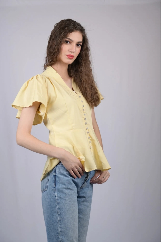 Yellow Embellished V-Neck Flutter Sleeves Peplum Top (OTL-TPS1004)-Yellow / XL