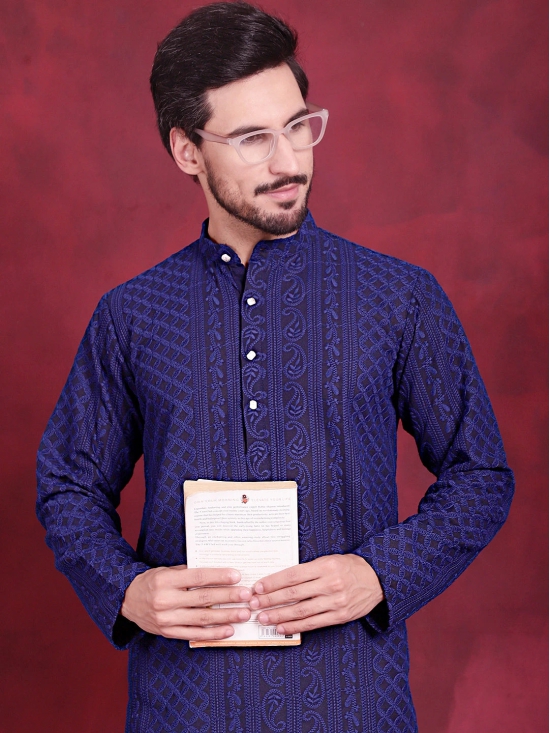 Mens Chikankari Embroidered Kurtas.-S / Navy-Blue