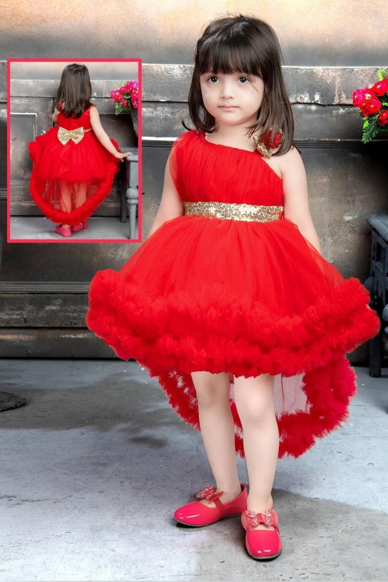 Cutedoll Red Color High Low Kids Girls Party Dress-5-6 Year