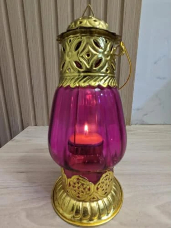 Aarna Creations Lalten Style Tea Light Holder | Hang or Stand Tea Light Holder| Golden Beautiful Hanging lalten | Antique lalten | Metal & Glass Tea Light Stand (Pink)