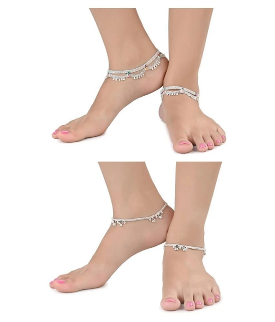 AanyaCentric Combo of 2 Pair Silver Plated White Metal Indian Traditional Ethnic Payal Anklets - Silver