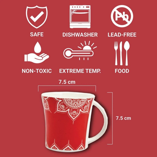 Femora Cosmic Mehendi Tea Cups, Ceramic Tea Cups, Coffee Mugs (160 ml) - 6 Pcs Set (Red)