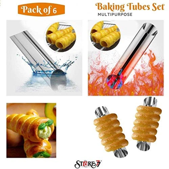 Magnusdeal 6 Pcs DIY Non-Stick Stainless Steel Baking Tubes Set. Spiral Horn Pastry Cream Roll Tubes/Mold/Cannoli Forms/Croissant Shell Metal Ice Cream Roll/Funnel Shape/Kitchen/Party