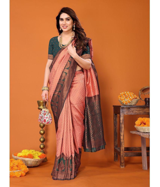 Rangita Women Ethnic Motifs Woven Kanjivaram Saree with Blouse Piece - Peach - Peach