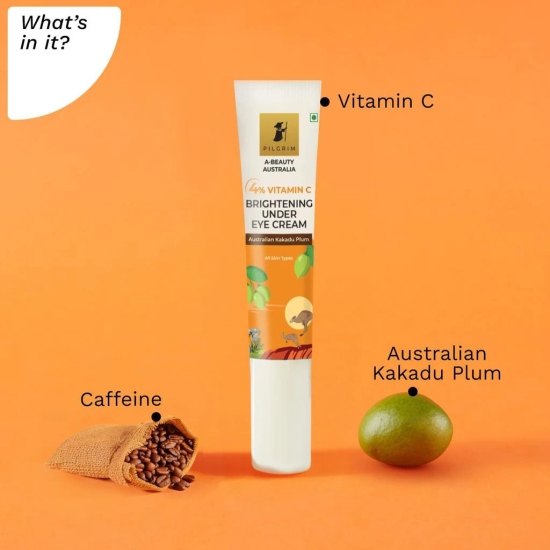 Pilgrim Vitamin C Brightening Under Eye Cream 15ml | Reduces Dark Circles, Puffiness, Wrinkles | Under Eye Cream for dark circles with caffeine and australian kakadu plum | For All Skin Types