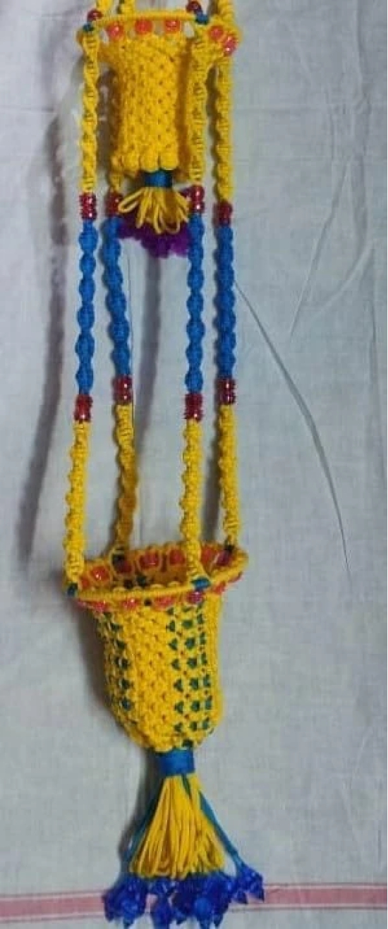 Macrame Hanging Planter with 2 Pots, Yellow and Blue