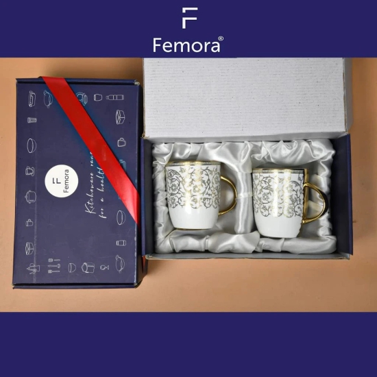 Femora Attractive Combo Gift Pack with Gold Floral Ceramic Coffee Mug Milk Mug, 360 ML, Pack of 2