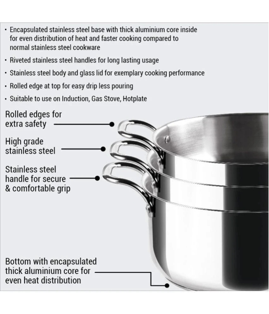 Milton Pro Cook Stainless Steel Sandwich Bottom Casserole with Glass lid, 20 cm / 3.3 Liters, Silver | Induction | Flame Safe | Dishwash safe | Sturdy Handle - Silver