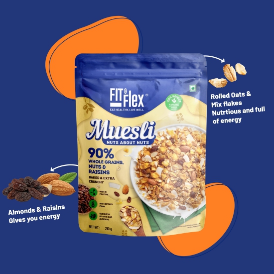 Fit & Flex Backed Muesli Breakfast Cerealfit & flex Muesli Nuts About Nuts(210g) | Zero Cholesterol | High In Protein | Pack of 2 210g