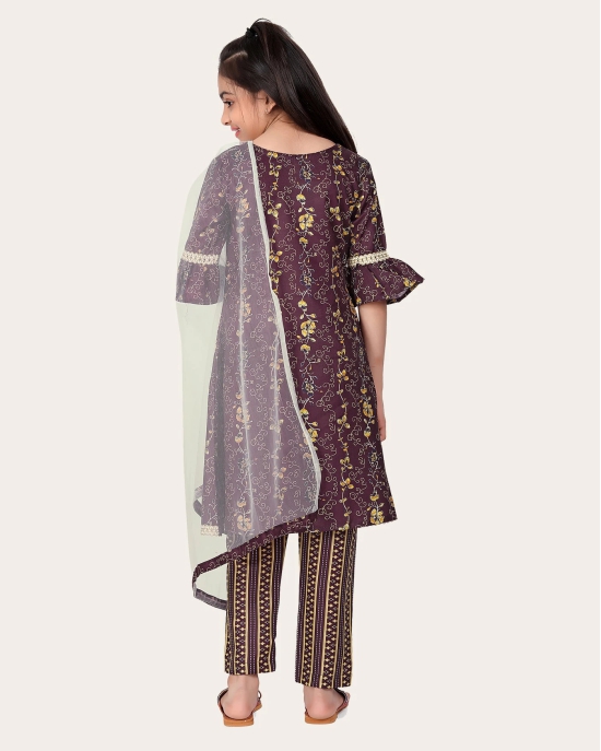 Girls Floral Print Kurta Set with Dupatta-Brown / 8 - 9 Years