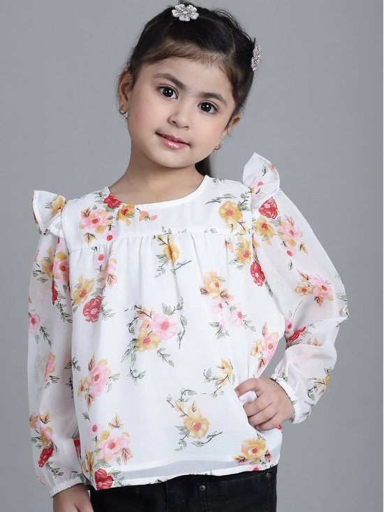 MINI & MING Girls Floral Printed Round Neck Puff Sleeves Pleated Blouson Top