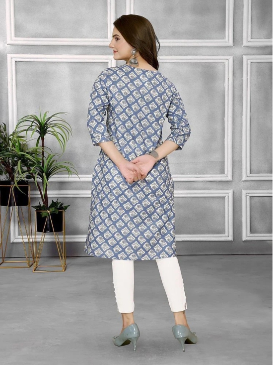 Rangita Women Cotton Blue Printed Knee Length Straight Kurti - None