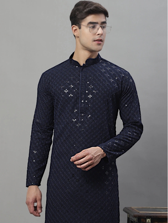 Mens Navy Blue Chikankari Embroidered and Sequence Kurtas-M / Navy-Blue