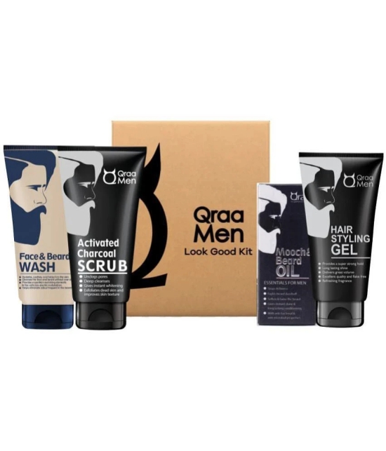 Qraa Men Look Good Kit, 330 g (Pack of Face Wash, Styling Gel, Scrub ,Oil For Beard ), Premium gift box for Men