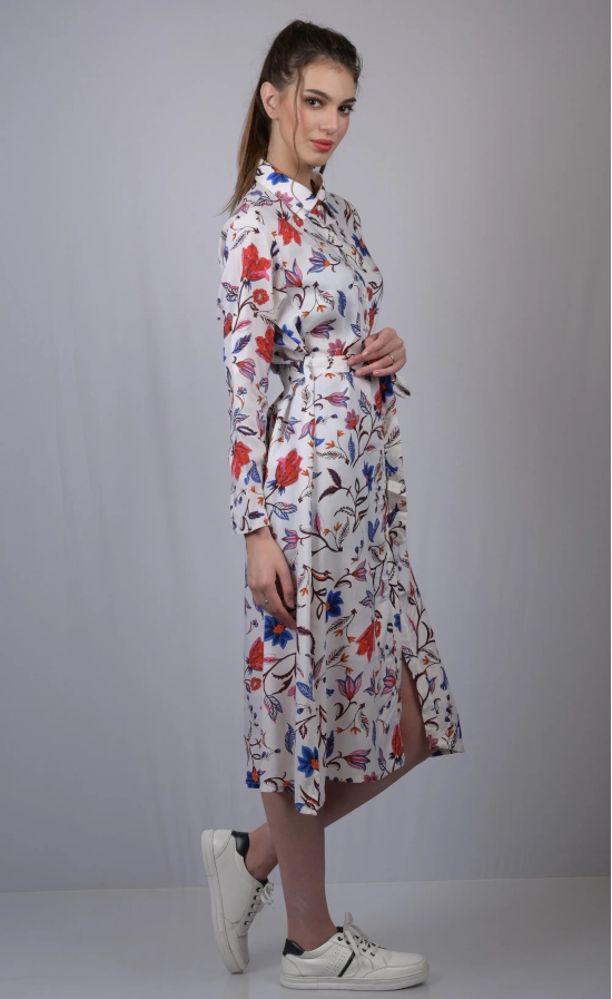 Cotton long shirt style dress for women dresses party wear collor neck Off White Floral Print Flared Long Dress with  Belt (OTLDRS1001)-White / XL