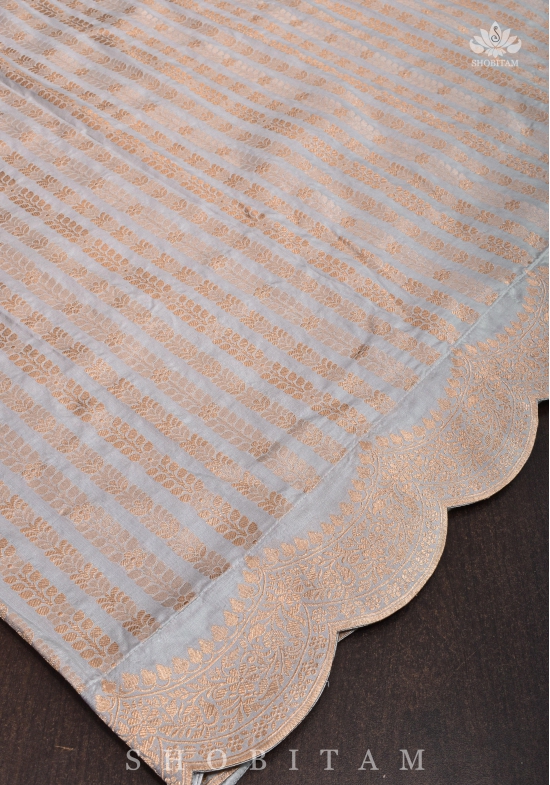 Scalloped Border on Gray Katan Banarasi Silk Saree with Zari Stripes | SILK MARK CERTIFIED