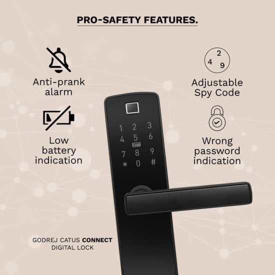 Godrej Catus Connect Smart Lock for Wooden Door With WiFi, Fingerprint, RFID Card, Pin & Mechanical Key - Black