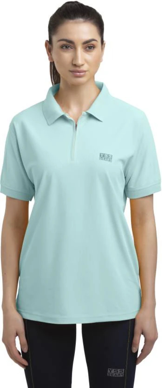 Women Solid Zip Neck Polyester Light Blue T-Shirt