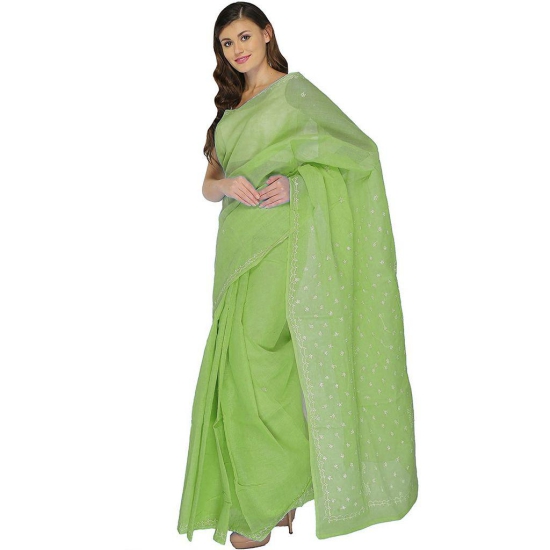 Lavangi Women Lucknow Chikankari Keel Work Mehndi Green Cotton Saree With Blouse