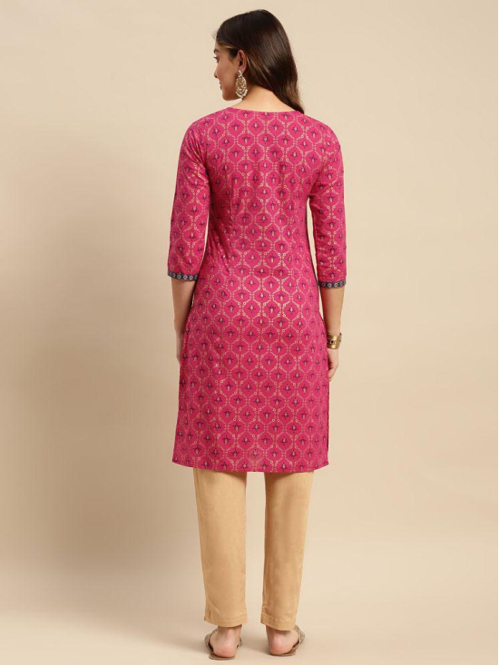 Rangita Women 100% Cotton Pink Contrast Placket Gold Printed Knee Length Straight Kurti - None