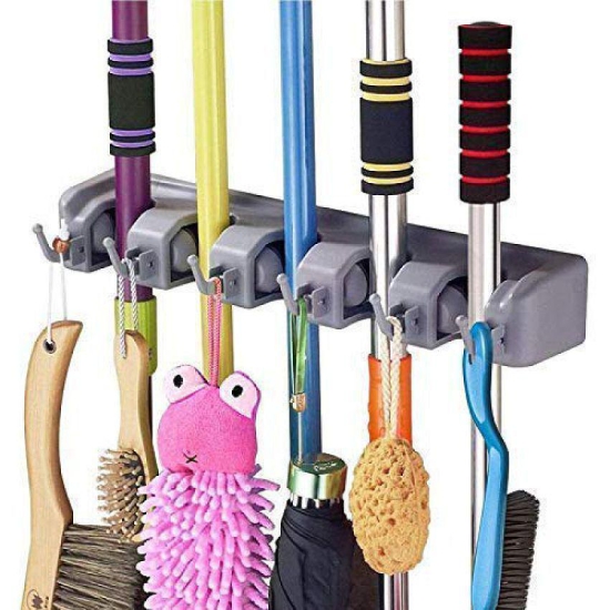 Mop,Wiper & Broom Holder, 5 Slot Position with 6 Hooks Storage Holder Wall Mounted, Plastic, Multicolour