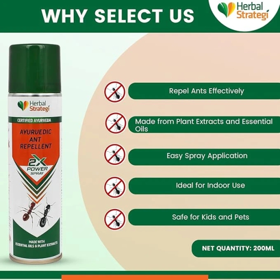 Herbal Strategi Ant Repellent Aerosol Spray - 200ml | Smarter way to Shuu Ants away | 100% Herbal and Chemical free | Baby and Pet safe | Certified Ayurvedic | Effective on all types of Ants