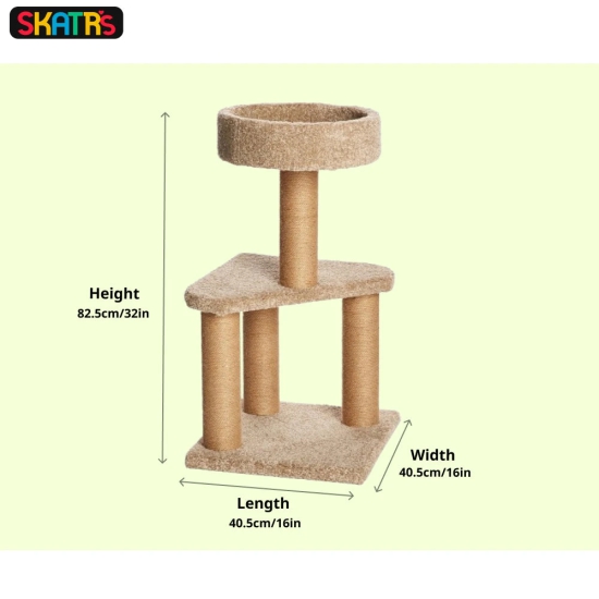 Skatrs Feline Fortress Two Tier Cat Tree with Sisal Post Toy Beige-2.6ft