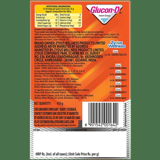 Glucon D Inst Enrgy Drink Tng Ornge 450G, 1 Pc