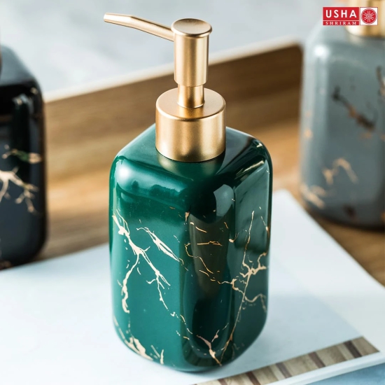 USHA SHRIRAM 300ml Ceramic Soap Dispenser Set, Kitchen Dish Soap Pump, Hand Shower Washing, Green, Pack of 4-USHA SHRIRAM 300ml Ceramic Soap Dispenser Set, Green, Pack of 4 | Kitchen & Hand Soap