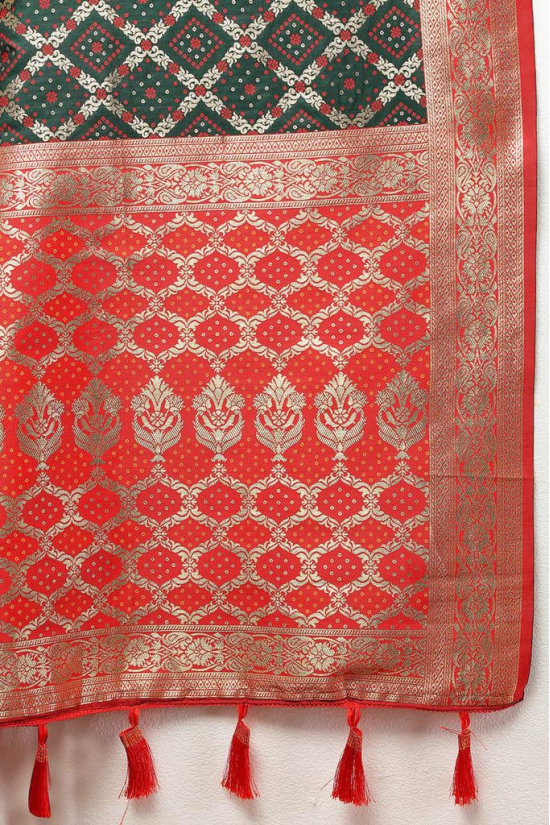 Green & Red Patola Silk Woven Design Meenakari Weaving Saree