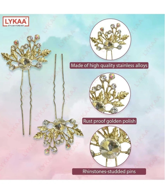 LYKAA Flower Hair Clips for Women Girls, Stylish Rhinestones Bun Hairpin Crystal Pearls Bun - 2 Pcs - Gold