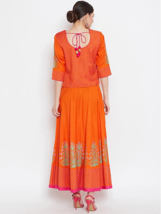 Women Orange Printed Top with Skirt