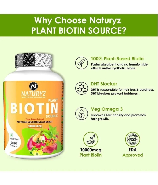 NATURYZ 100% Plant Based Biotin with DTH Omega 3 for Strong Hairs, Nails, Glowing Skin - 90 Tablets