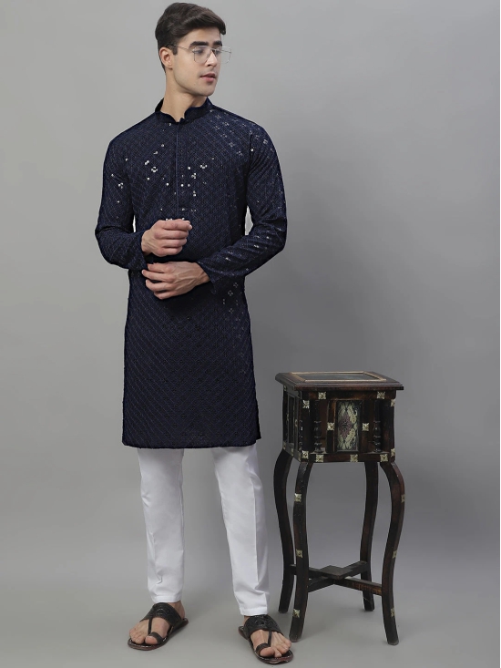 Mens Navy Blue Chikankari Embroidered and Sequence Kurtas-S / Navy-Blue