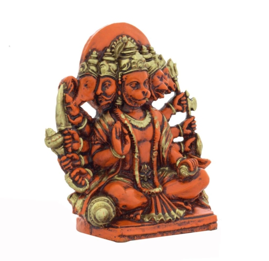 COPPERHOARD Multi Gold Colour Resin Panchmukhi Hanuman Murti Vintage Statue for Home Temple (Saffron)