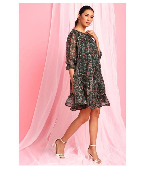 Janasya Poly Georgette Green Fit And Flare Dress - XS