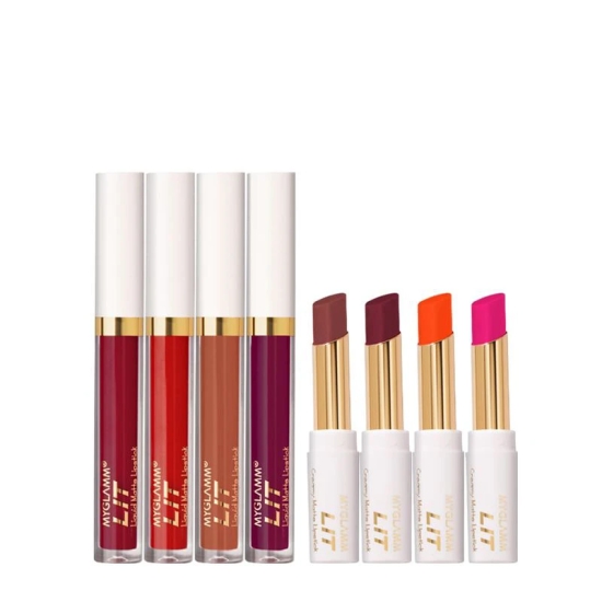 MyGlamm Exclusive Combo of LIT Matte Lipstick and LIT Creamy Matte Lipstick | Smudge-proof, Transfer-proof & Long Lasting, Creamy, Demi-matte Slim Lipsticks