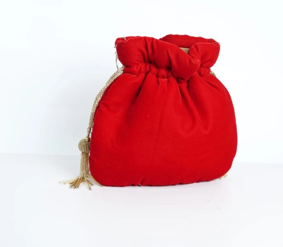 Embellished Red velvet with golden color embroidered potli bag