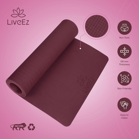 LiveEZ Anti-Skid Lightweight with perfect grip EVA Yoga Mat for Men and Women with Strap (6mm,Wine color)