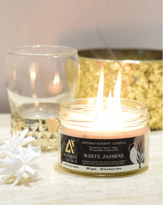 Aesthetic Living 3- Wick White Jasmine Candle, 180 gm